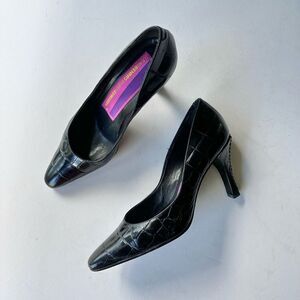 Vintage Susan Bennis Warren Edwards Black Leather Croc  Pointed Toe Pumps 7.5